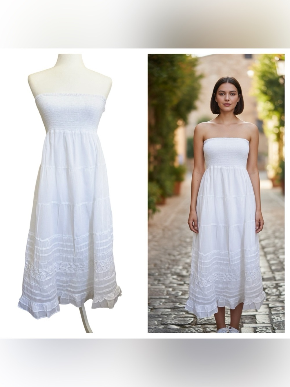 American Eagle White Cotton Midi Dress S Smocked Tiered Boho Prairie Cottagecore